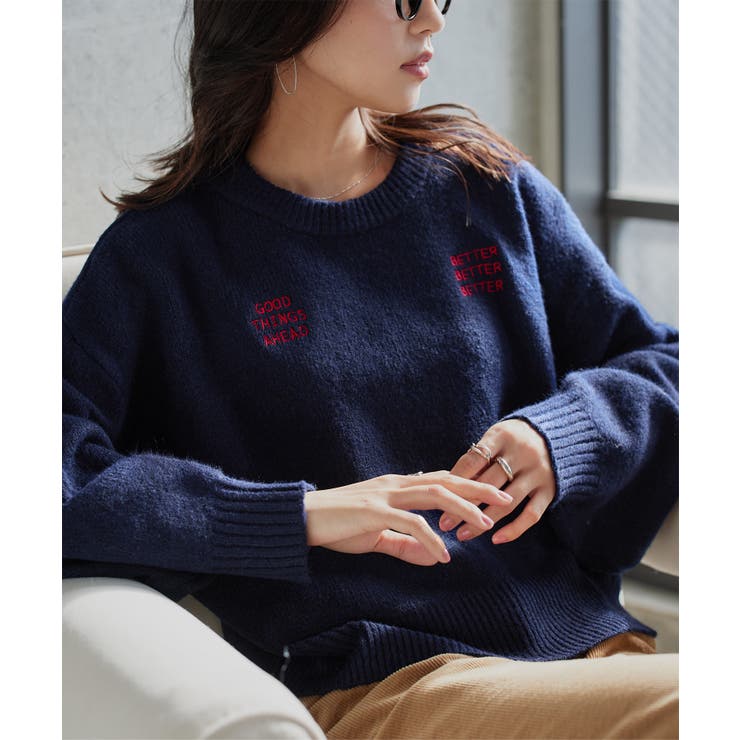 ネイビー | ロゴ刺繍ニットトップス ロゴ刺繍 ニット | KOBE LETTUCE