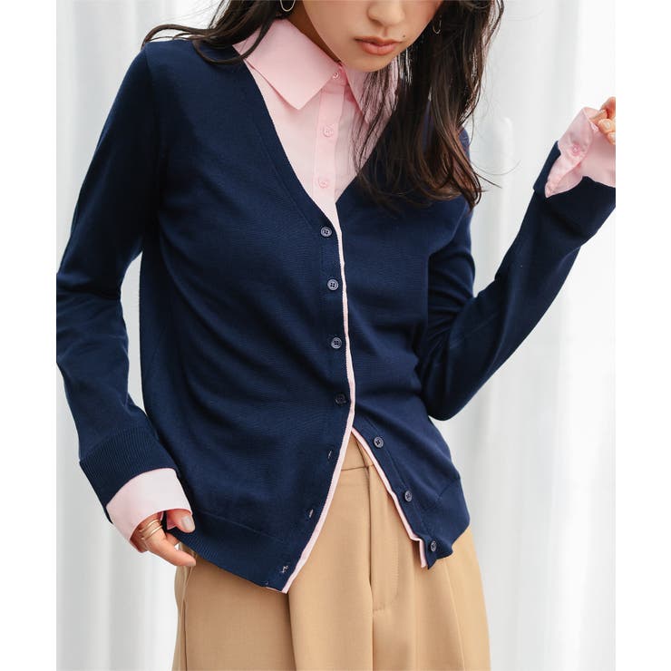ネイビー | シャツレイヤード風ニットカーディガン［N1316］ シャツレイヤード風 ニット | KOBE LETTUCE