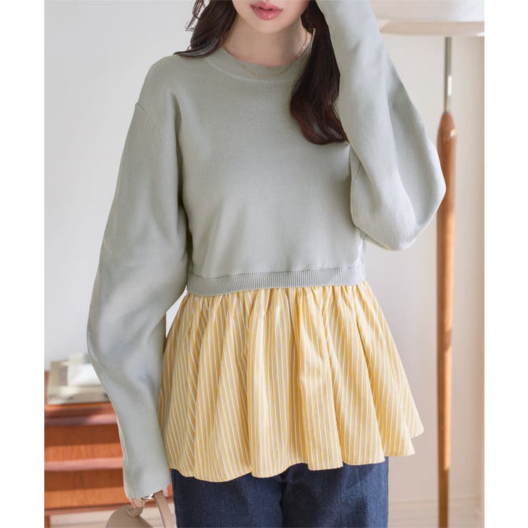 グレー | ストライプシャツ切替スポンディッシュペプラムニット［N1317］ ニット スポン… | KOBE LETTUCE