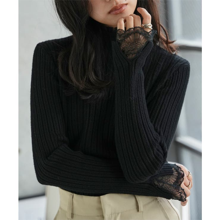 ブラック | 袖口レースリブニット［N1326］ ニット セーター | KOBE LETTUCE