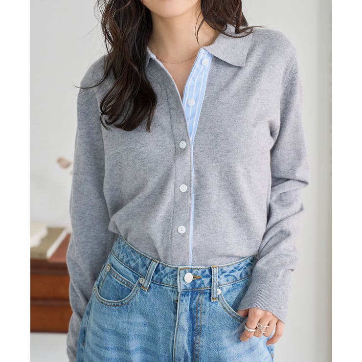 グレー | ストライプ切替ポロニットカーディガン［N1335］ ポロニット カーディガン | KOBE LETTUCE