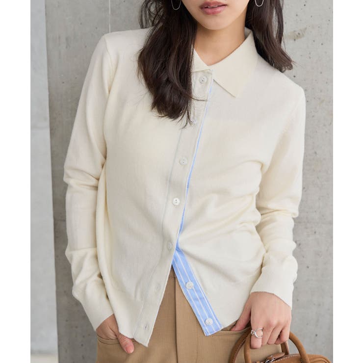 アイボリー | ストライプ切替ポロニットカーディガン［N1335］ ポロニット カーディガン | KOBE LETTUCE