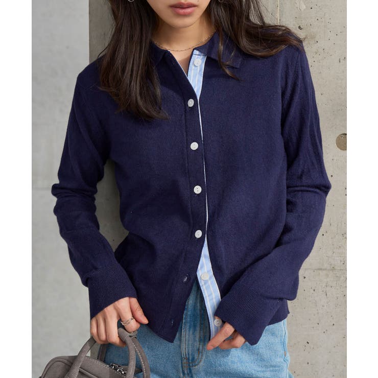 ネイビー | ストライプ切替ポロニットカーディガン［N1335］ ポロニット カーディガン | KOBE LETTUCE