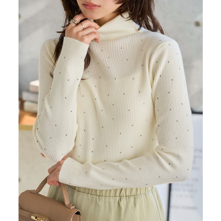 オフホワイト | ホットフィックスドットニットトップス［N1337］ タートルニット リブニット | KOBE LETTUCE