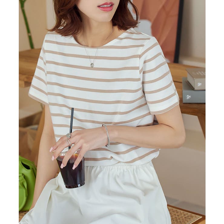 オフ×ベージュ | 選べるデザイン コットン100％ ベーシックボーダー半袖Tシャツ［C2104］ | KOBE LETTUCE