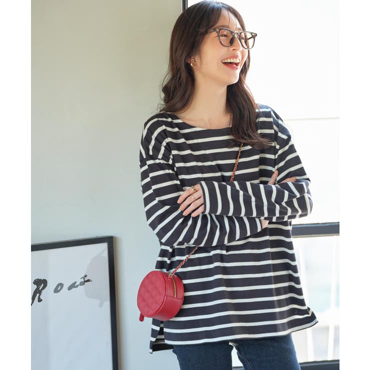 旧ブラック×オフ | 選べるデザイン コットン100％ゆったりボーダーチュニックカットソー | KOBE LETTUCE