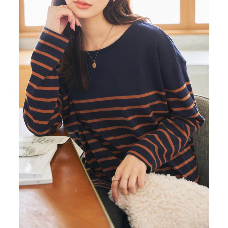 ネイビー×キャメル | 選べるデザイン コットン100％ゆったりボーダーチュニックカットソー | KOBE LETTUCE