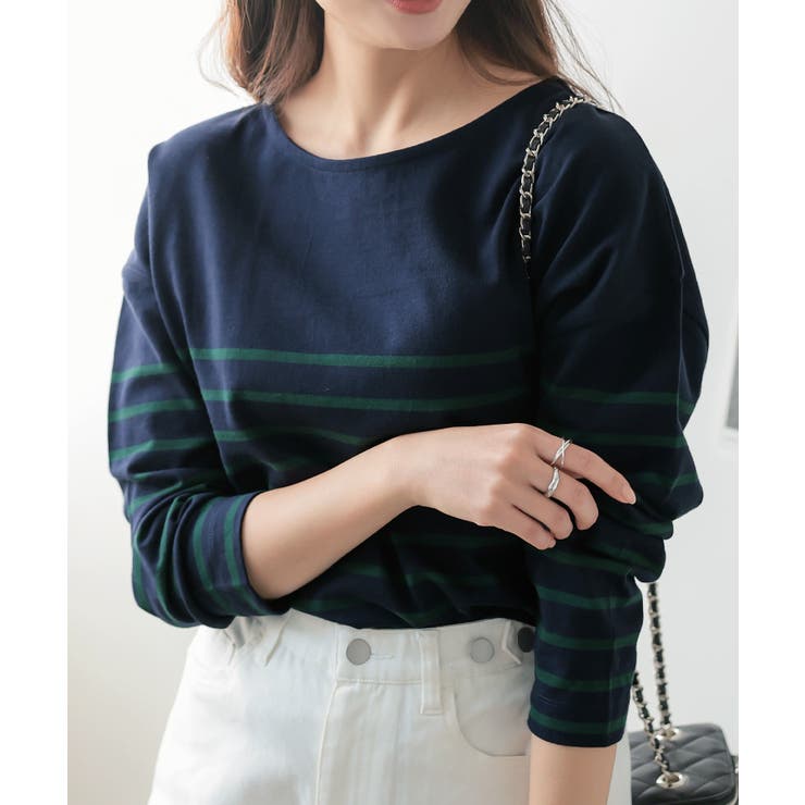 ネイビー×グリーン | 選べるデザイン コットン100％ゆったりボーダーチュニックカットソー | KOBE LETTUCE