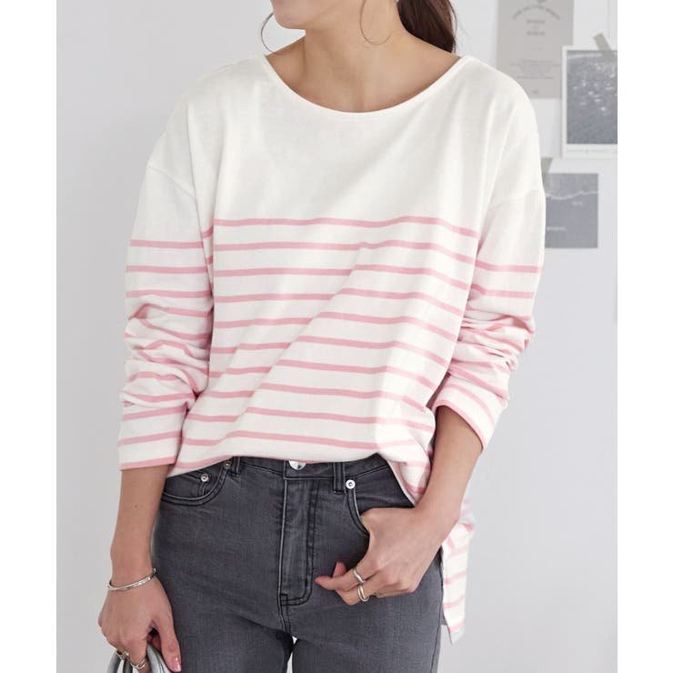 オフ×Lピンク | 選べるデザイン コットン100％ゆったりボーダーチュニックカットソー | KOBE LETTUCE