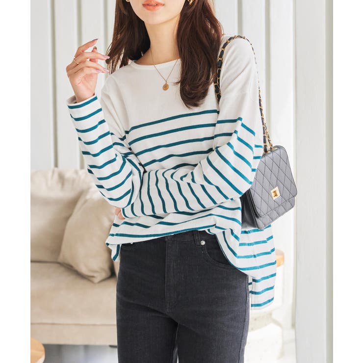 オフ×モスグリーン | 選べるデザイン コットン100％ゆったりボーダーチュニックカットソー | KOBE LETTUCE