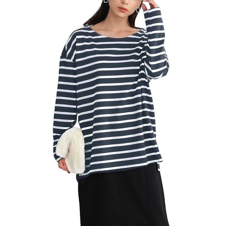 ネイビー×オフ | 選べるデザイン コットン100％ゆったりボーダーチュニックカットソー | KOBE LETTUCE