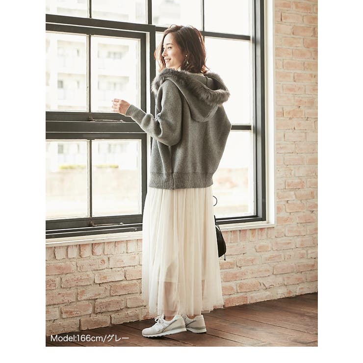 ファーフードニットパーカーレディースアウター羽織り長袖大人上品  