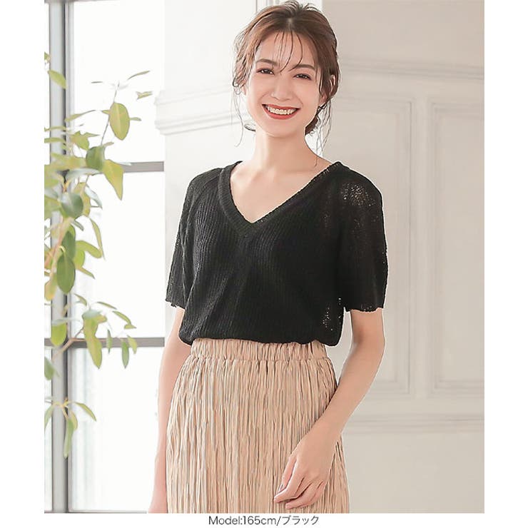 NEMIKA クリーム色 Vネック 五分袖ニット 6color/S-LLsize》ラメ混Vネックニット【洗濯機洗い可】（ニット