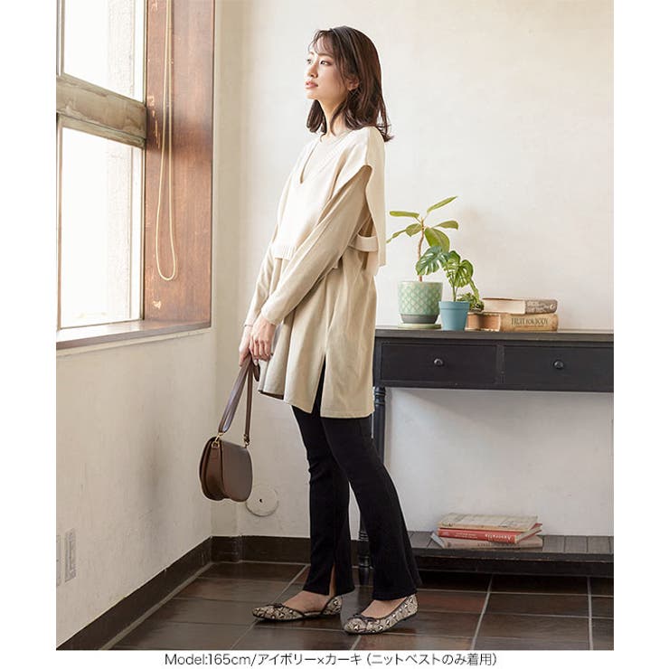 ロンT×ニットベストレイヤードトップス レディース 重ね着[品番 ロンT×ニットベストレイヤードトップス レディース 重ね着[品番