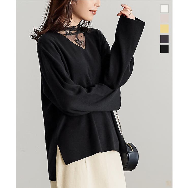 ミラノリブVネックニットトップス 秋 秋服[品番：KO000013101