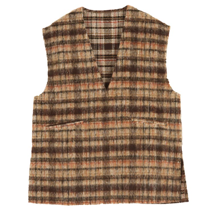 チェック柄アイボリー | Vネックシャギーロングベスト［C6903］秋 冬 | KOBE LETTUCE