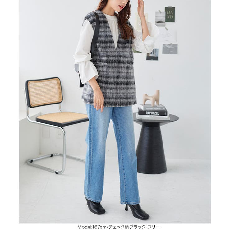 Vネックシャギーロングベスト［C6903］秋 冬 | KOBE LETTUCE | 詳細画像7 