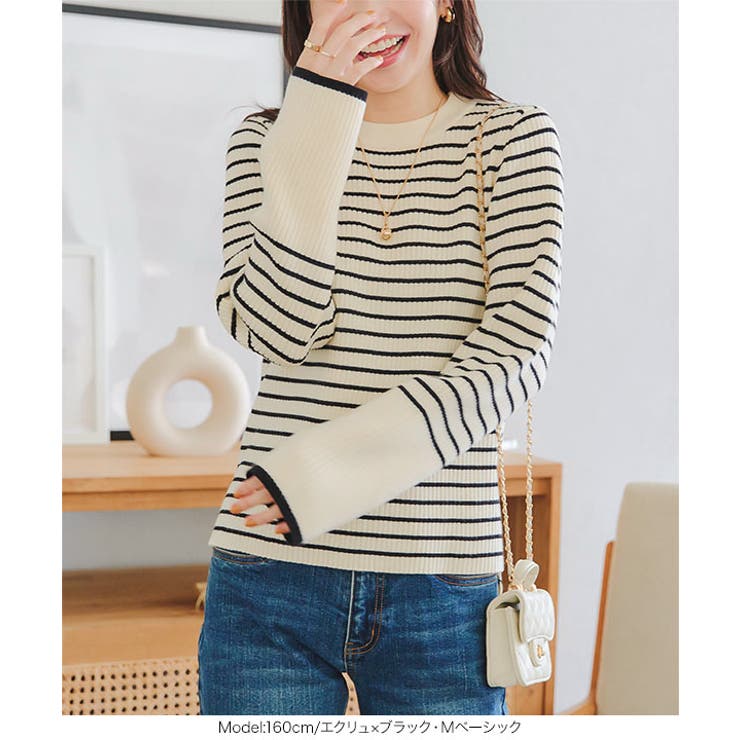 もっちりニットで着心地抜群袖バイカラーリブニットトップス リブニット ニット | KOBE LETTUCE | 詳細画像32 