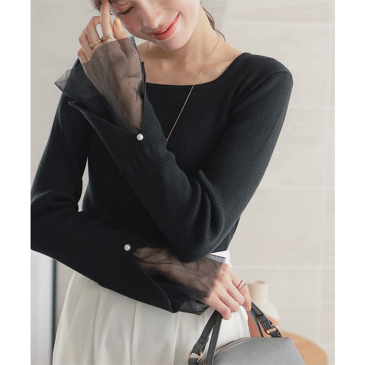 ブラック | 選べる２タイプ スクエアネック袖フレアリブニット［C6990］ | KOBE LETTUCE