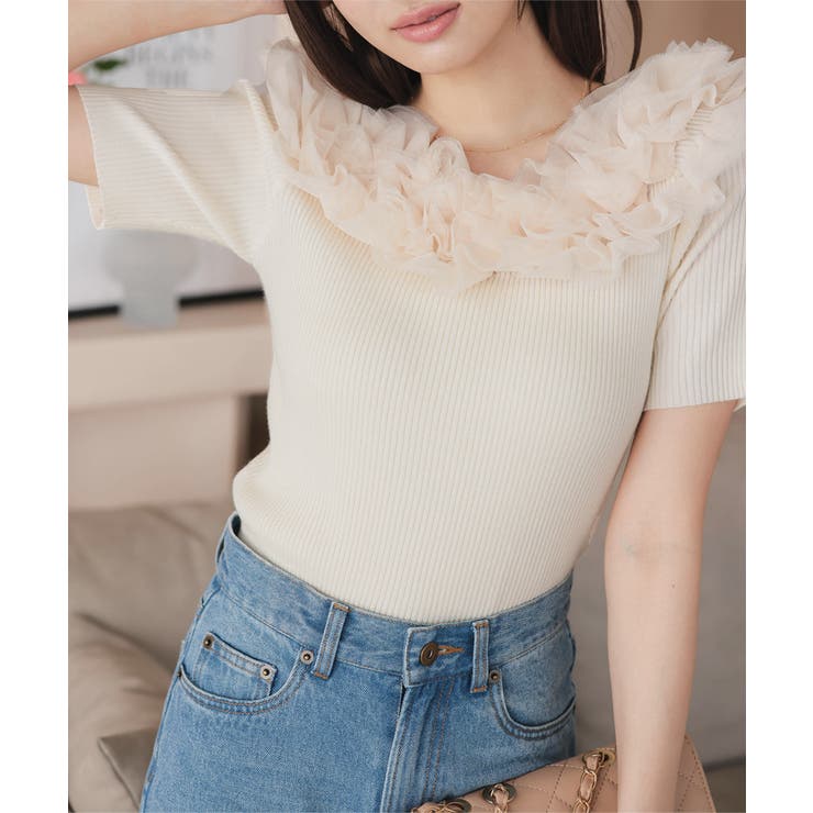 Pium チュールフリルニットオフショルトップス チュールフリルオフショルニットトップス – pium