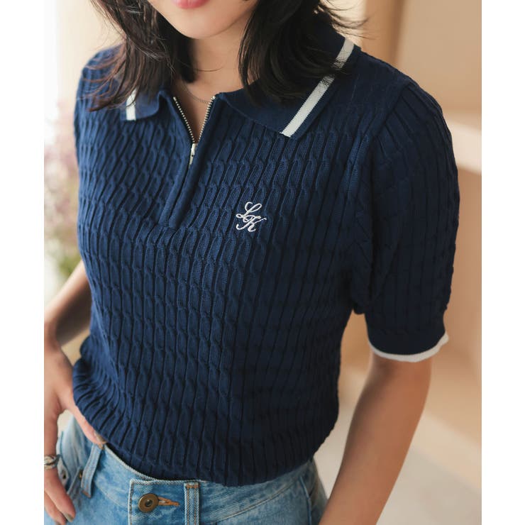 胸元刺繍ハーフジップケーブルニットトップス［C7172］[品番