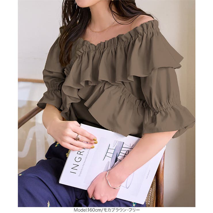 Drawer コットンギャザーフリル 比翼ブラウス モスグリーン 定価8万 Drawer（ドゥロワー）の「Drawer コットンギャザーフリル比翼