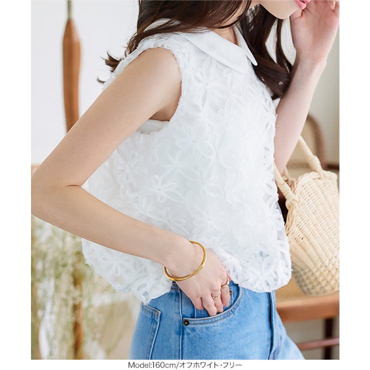 襟付き花柄シアーバルーントップス［C7532］