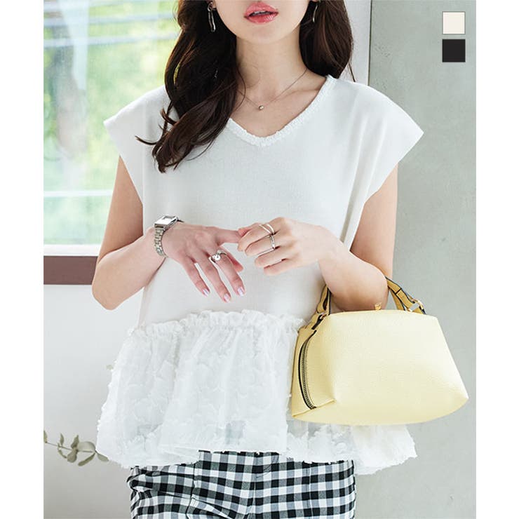 Vネック裾ジャガードドッキングニットブラウス［C7536］ | KOBE LETTUCE | 詳細画像1 