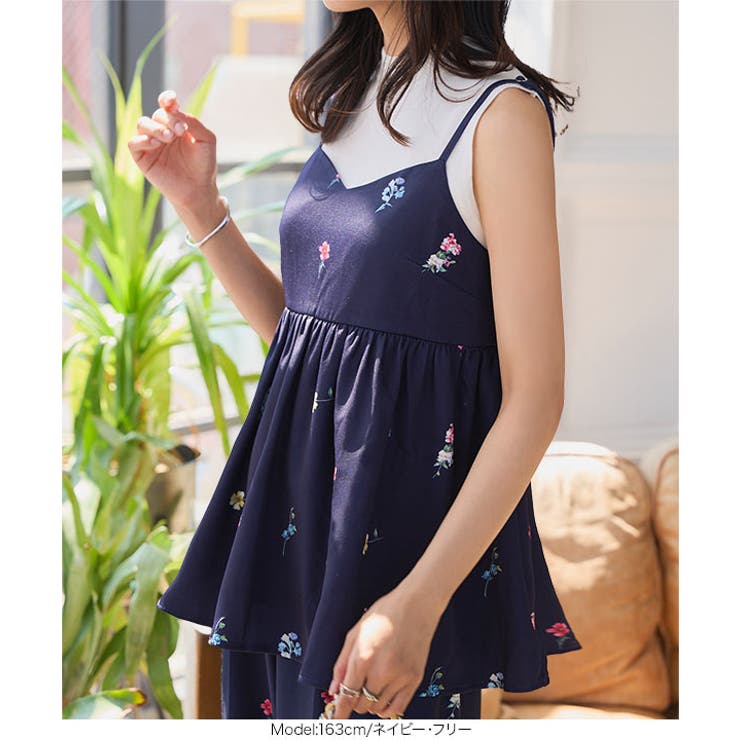 ハートネックフラワープリントキャミトップス［C7551］