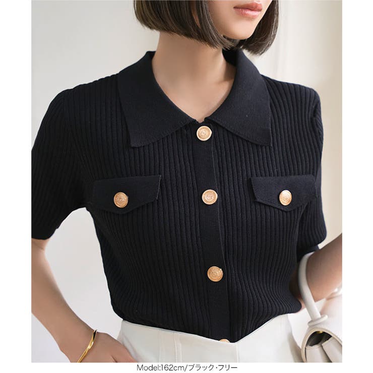 leafプラダPRADAブラウン襟付きポケットボタンニット　リブニット 金ボタン襟付きリブ半袖ニット［C7625］半袖 ニット 金ボタン[品番