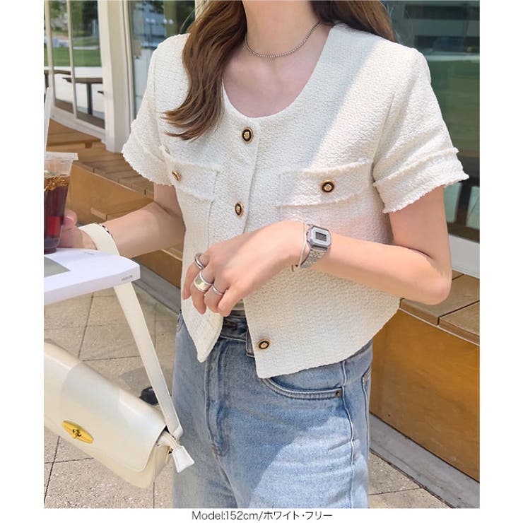 デザインボタン 半袖ツイードジャケット 半袖 | KOBE LETTUCE | 詳細画像4 