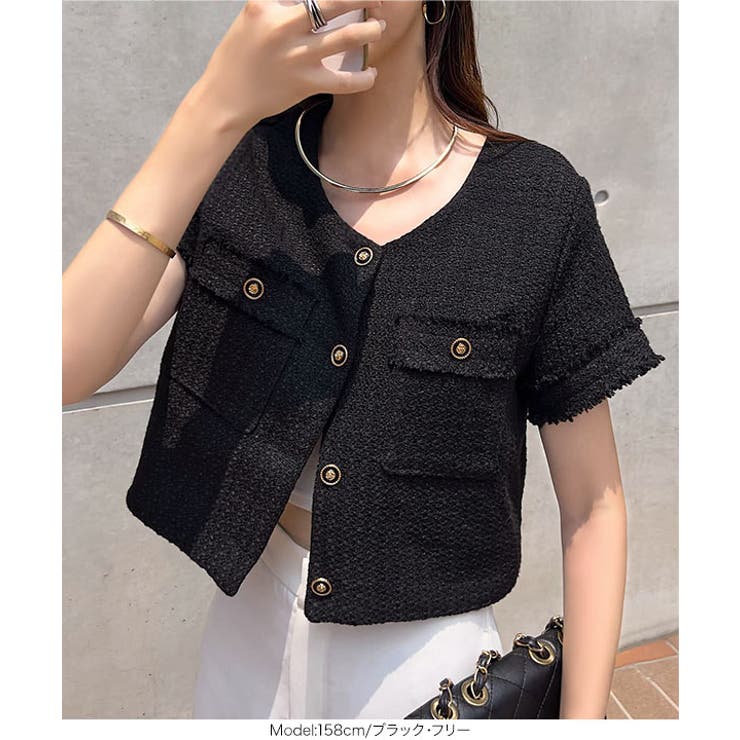 デザインボタン 半袖ツイードジャケット 半袖 | KOBE LETTUCE | 詳細画像5 