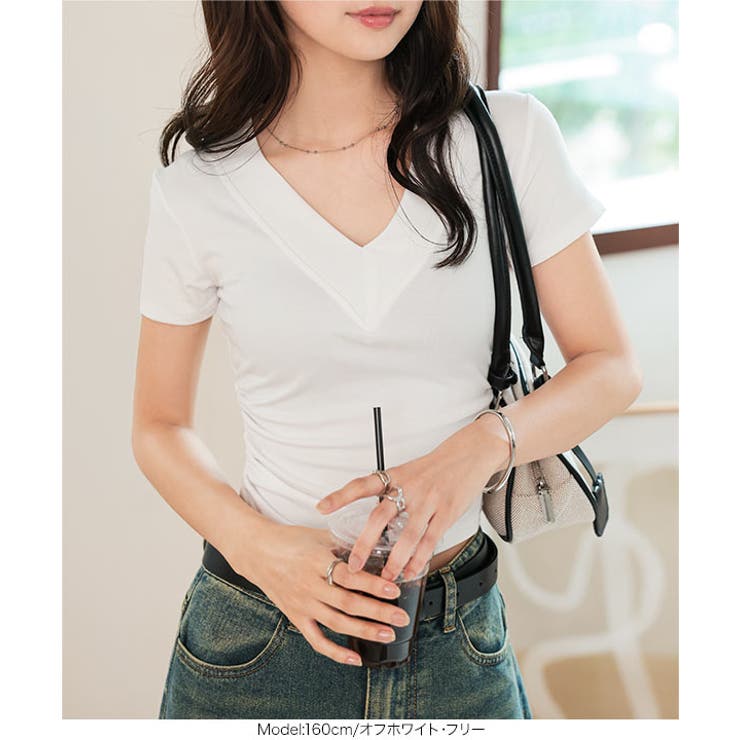 VネックサイドシャーリングTシャツ tシャツ Vネック[品番