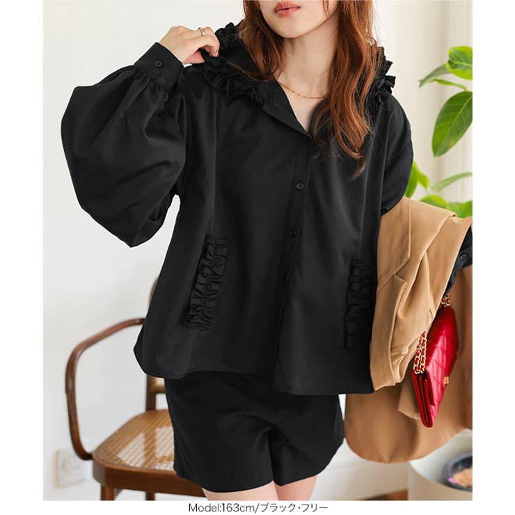 フリルフードシャツブラウス フリルフード シャツ[品番：KO000015523