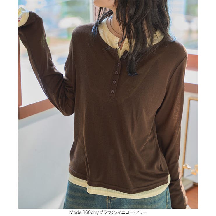レイヤード風ヘンリーネックシアートップス［C7659］ レイヤード風