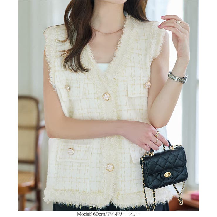 ツイード風フリンジノースリーブニット ニット ベスト[品番