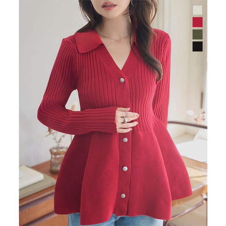 ポロVネック ペプラム長袖リブカーディガン ポロ | KOBE LETTUCE | 詳細画像1 