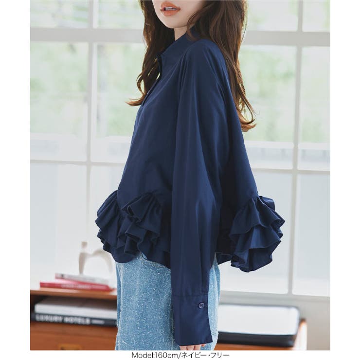 裾フリルデザイン長袖ブラウス 裾フリル デザイン[品番：KO000015626