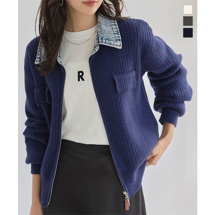 デニム襟ジップニットカーディガン［C7767］ デニム襟 ジップ | KOBE LETTUCE | 詳細画像1 