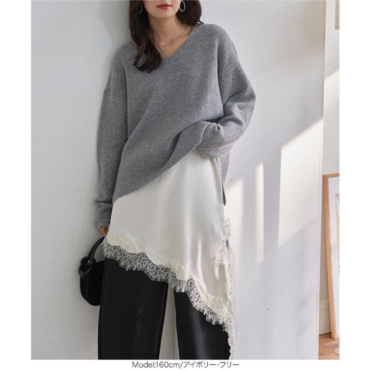 サテンレースアシメロングキャミソール［C7769］ サテン レース | KOBE LETTUCE | 詳細画像3 