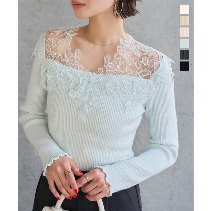 【OFF WHITE】<le>リブ ストリング ニット プルオーバー レースオフショルリブニット［C7818］ リブニット レース[品番
