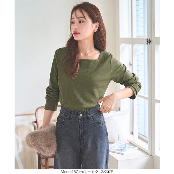 前身頃二重長袖リブカットソートップス レディース 長袖[品番