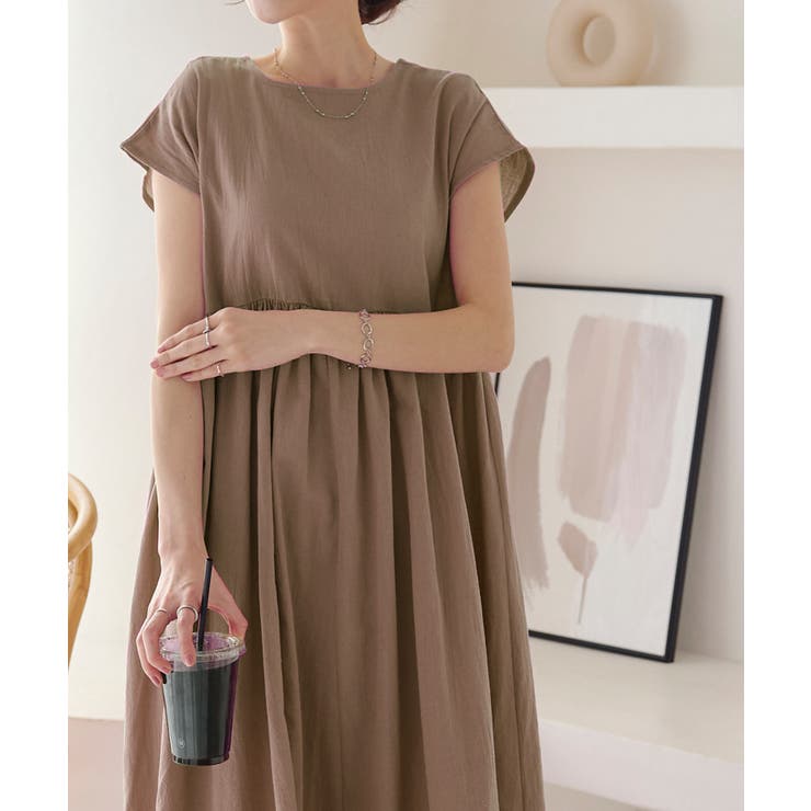 月末セール❣️45r ガーゼ裏毛のヘンリードレス　ベージュ　ロングワンピース 月末セール❣️45r ガーゼ裏毛のヘンリードレス ベージュ ロング