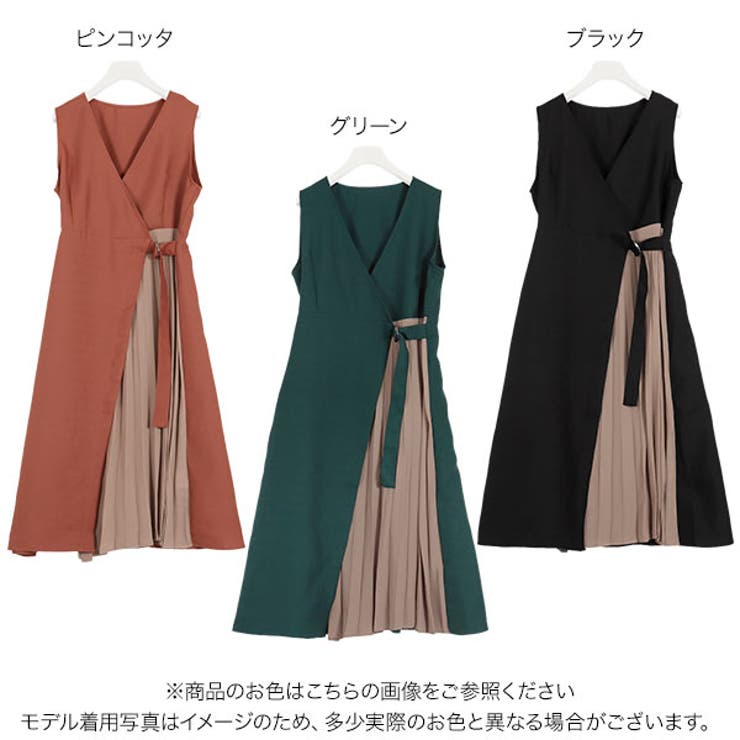 ノースリーブ 切り替えプリーツ ロングワンピース 5071701 プリーツ切り替えラップ風ノースリーブカシュクールリネンライク