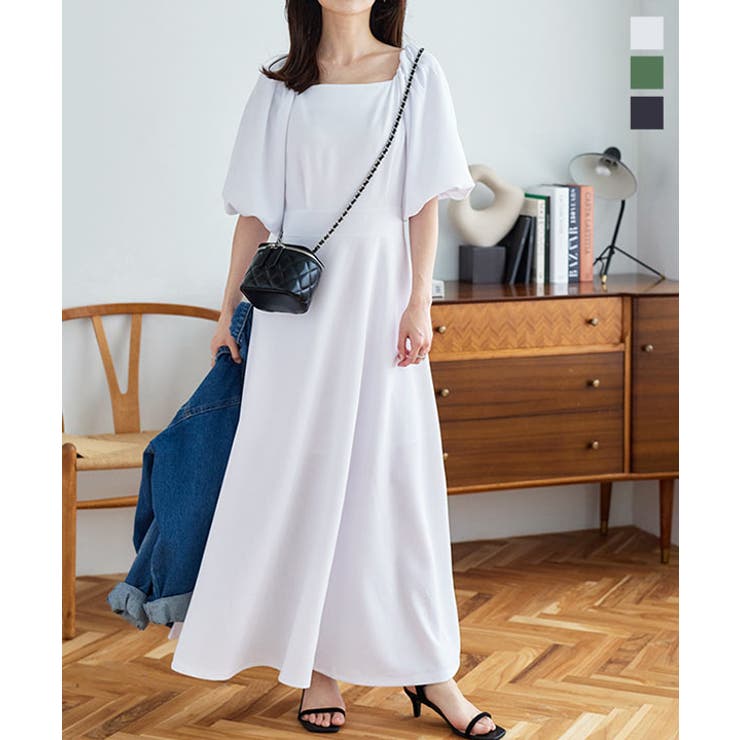 スクエアネックパフスリーブワンピース［E3254］[品番