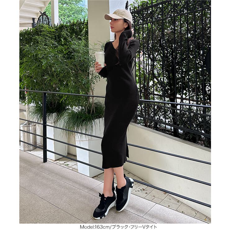 選べるネックとタイプ リブニットロングスリーブワンピース[品番