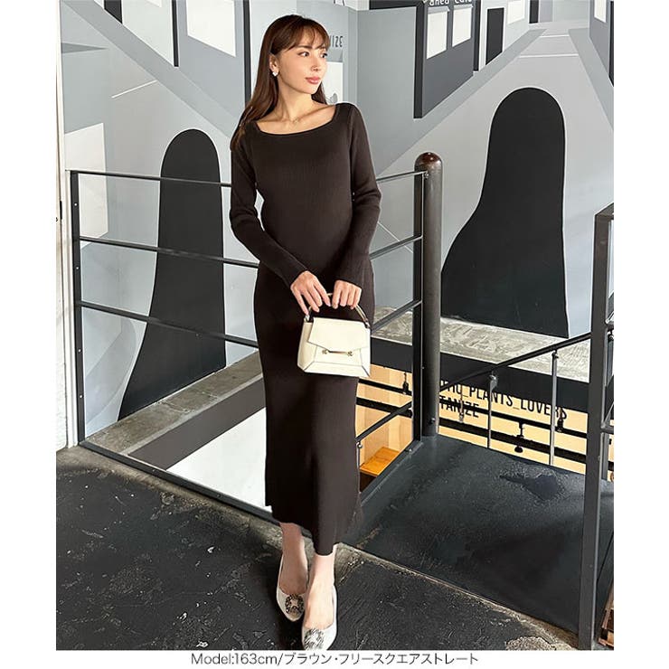 選べるネックとタイプ リブニットロングスリーブワンピース[品番