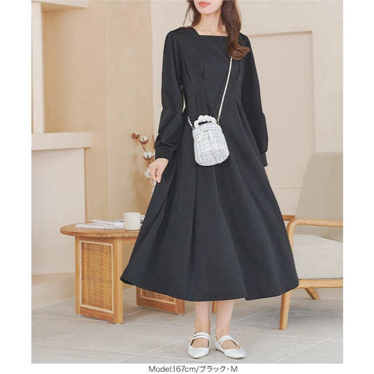 裏微起毛 ] スクエアネックウエストタックポンチワンピース［E3344