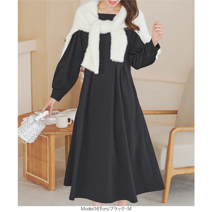 裏微起毛 ] スクエアネックウエストタックポンチワンピース［E3344