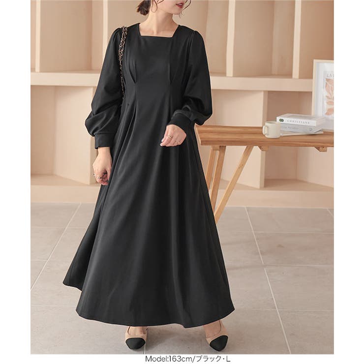 裏微起毛 ] スクエアネックウエストタックポンチワンピース［E3344